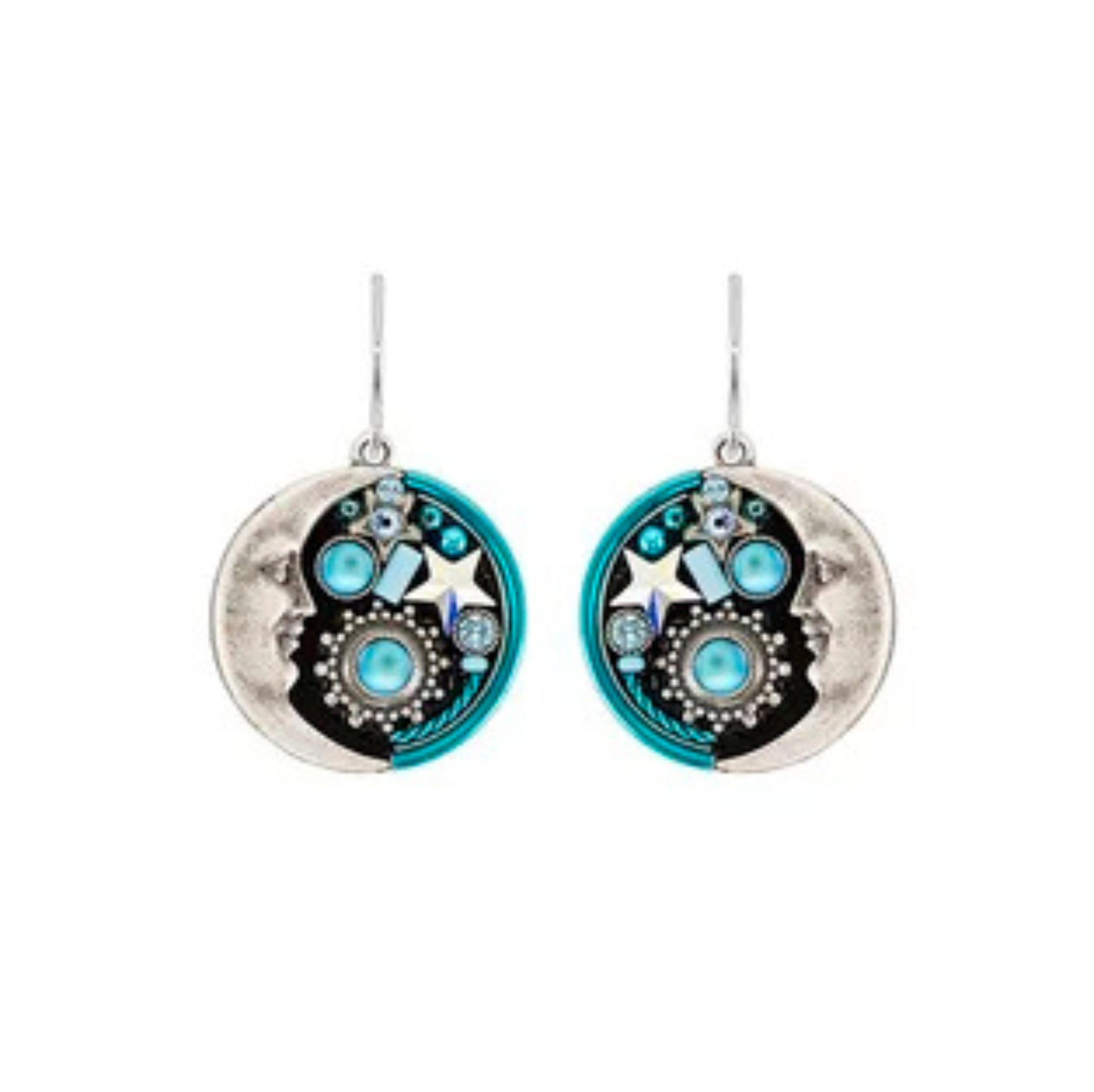 The Moonlight Moon Earring Light Blue by Firefly features a crescent moon face adorned with turquoise accents, blue gems, and silver stars on a black background—expertly handcrafted as fair-trade jewelry and ideal for those who love unique accessories from the Firefly brand.
