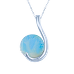 The Classic of New York Larimar Round in Floating Hook Necklace features a round blue Larimar gemstone set in a polished sterling silver curved pendant with chain, displayed on a white background.