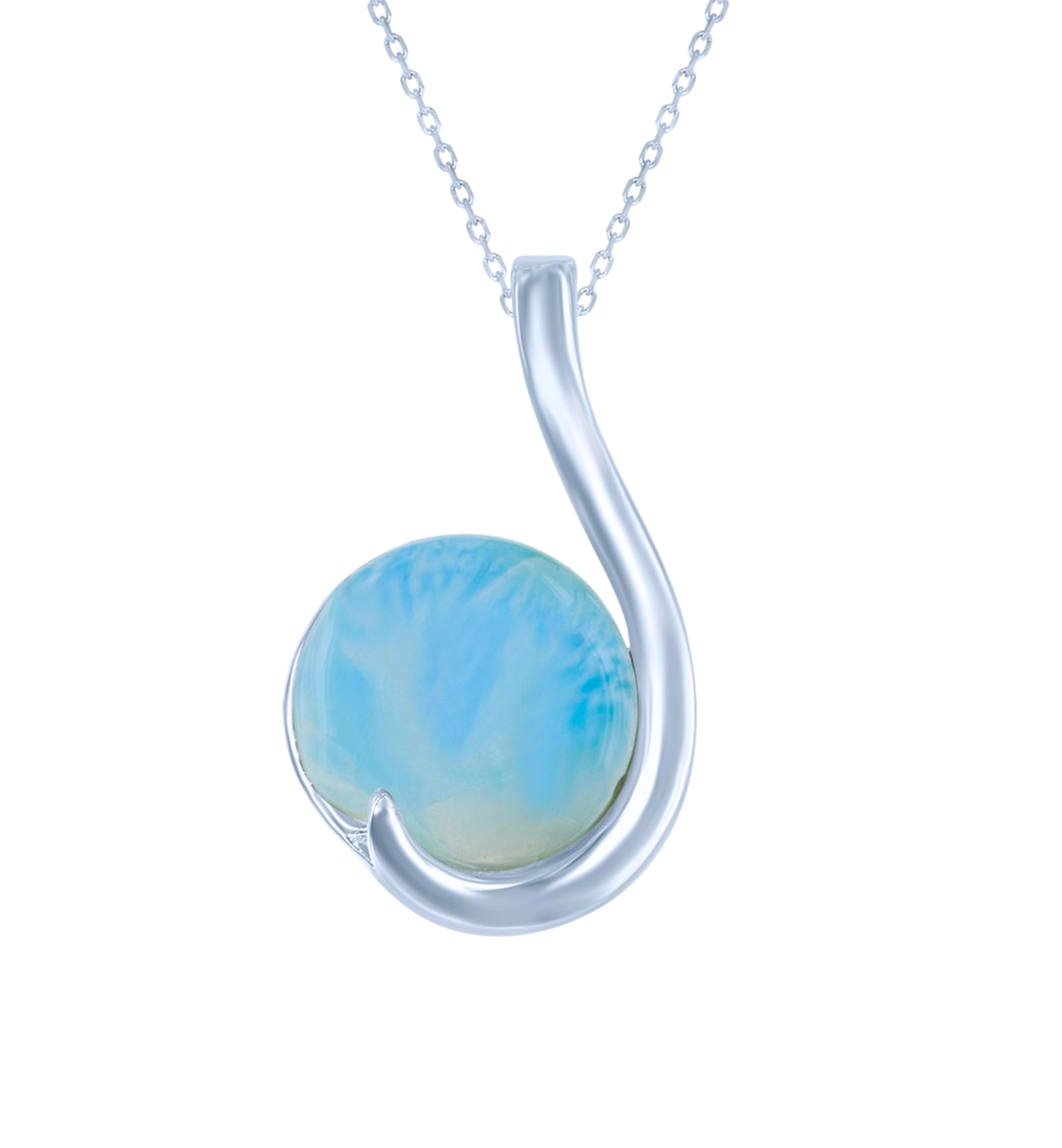 The Classic of New York Larimar Round in Floating Hook Necklace features a round blue Larimar gemstone set in a polished sterling silver curved pendant with chain, displayed on a white background.