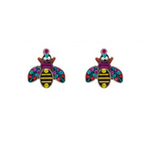 Showcased against a white background, two Queen Bee Post Multi-Color Earrings from Firefly feature vibrant yellow and black striped bodies, purple heads, and wings adorned with red, blue, and turquoise accents—a lively design by Firefly Jewelry inspired by handmade artistry from Guatemala.