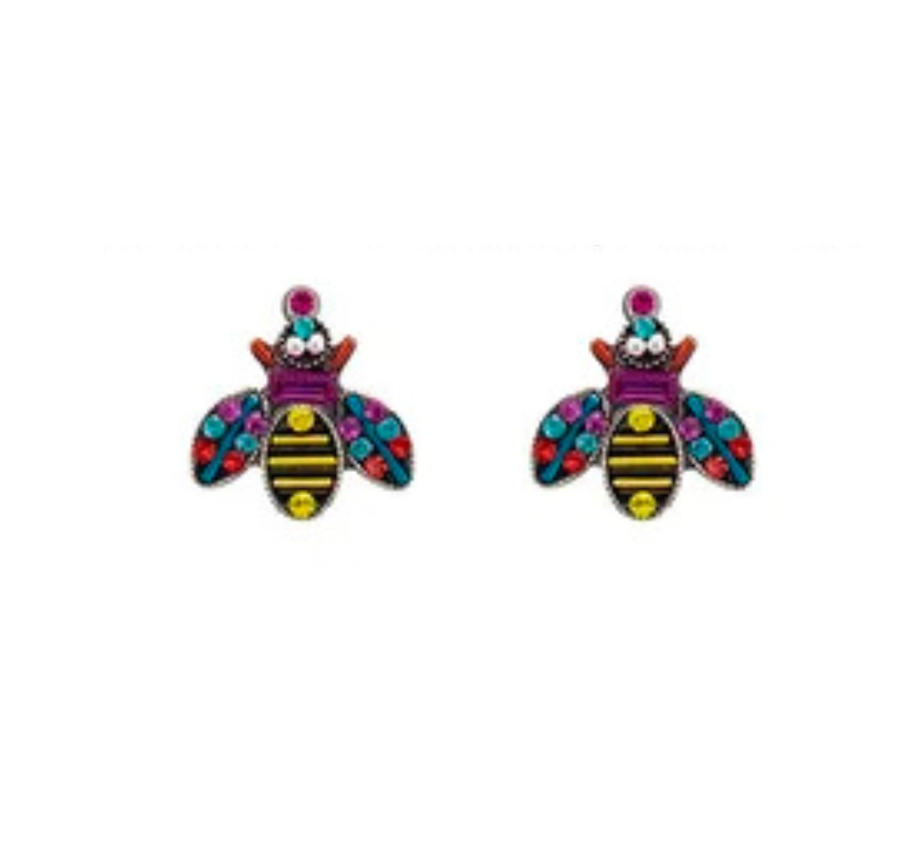Showcased against a white background, two Queen Bee Post Multi-Color Earrings from Firefly feature vibrant yellow and black striped bodies, purple heads, and wings adorned with red, blue, and turquoise accents—a lively design by Firefly Jewelry inspired by handmade artistry from Guatemala.