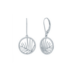 Classic of New York Sterling Silver Round CZ Outline w/Leaf Cut Out Center Dangle Earrings feature open circular pendants with a palm leaf design and sparkling CZ accents along the edges.