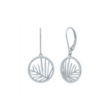 Classic of New York Sterling Silver Round CZ Outline w/Leaf Cut Out Center Dangle Earrings feature open circular pendants with a palm leaf design and sparkling CZ accents along the edges.
