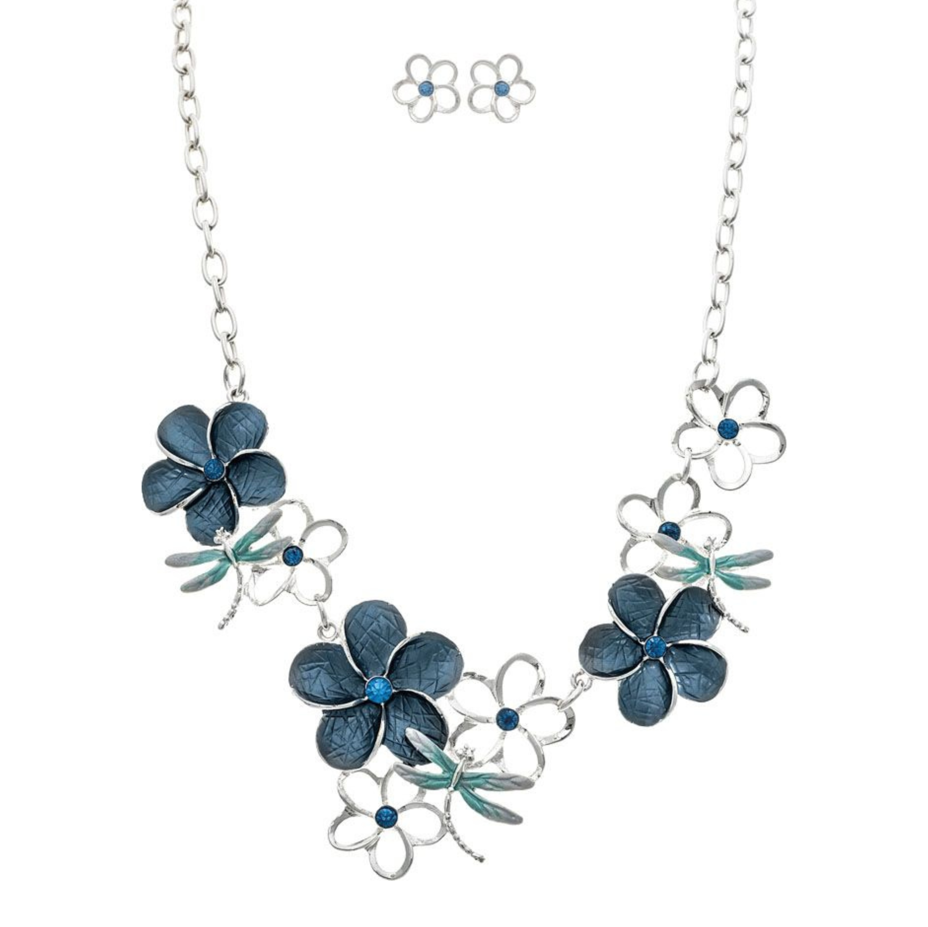 The A-Train Silver Blue Flower & Dragonflies Necklace Set features large and small blue floral designs with matching stud earrings, ideal for everyday wear or special occasions.