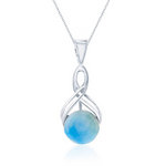 The Classic of New York Larimar Round Infinity Necklace features a smooth, round blue Larimar gemstone in an elegant twisted sterling silver setting, shown against a white background.