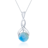 The Classic of New York Larimar Round Infinity Necklace features a smooth, round blue Larimar gemstone in an elegant twisted sterling silver setting, shown against a white background.