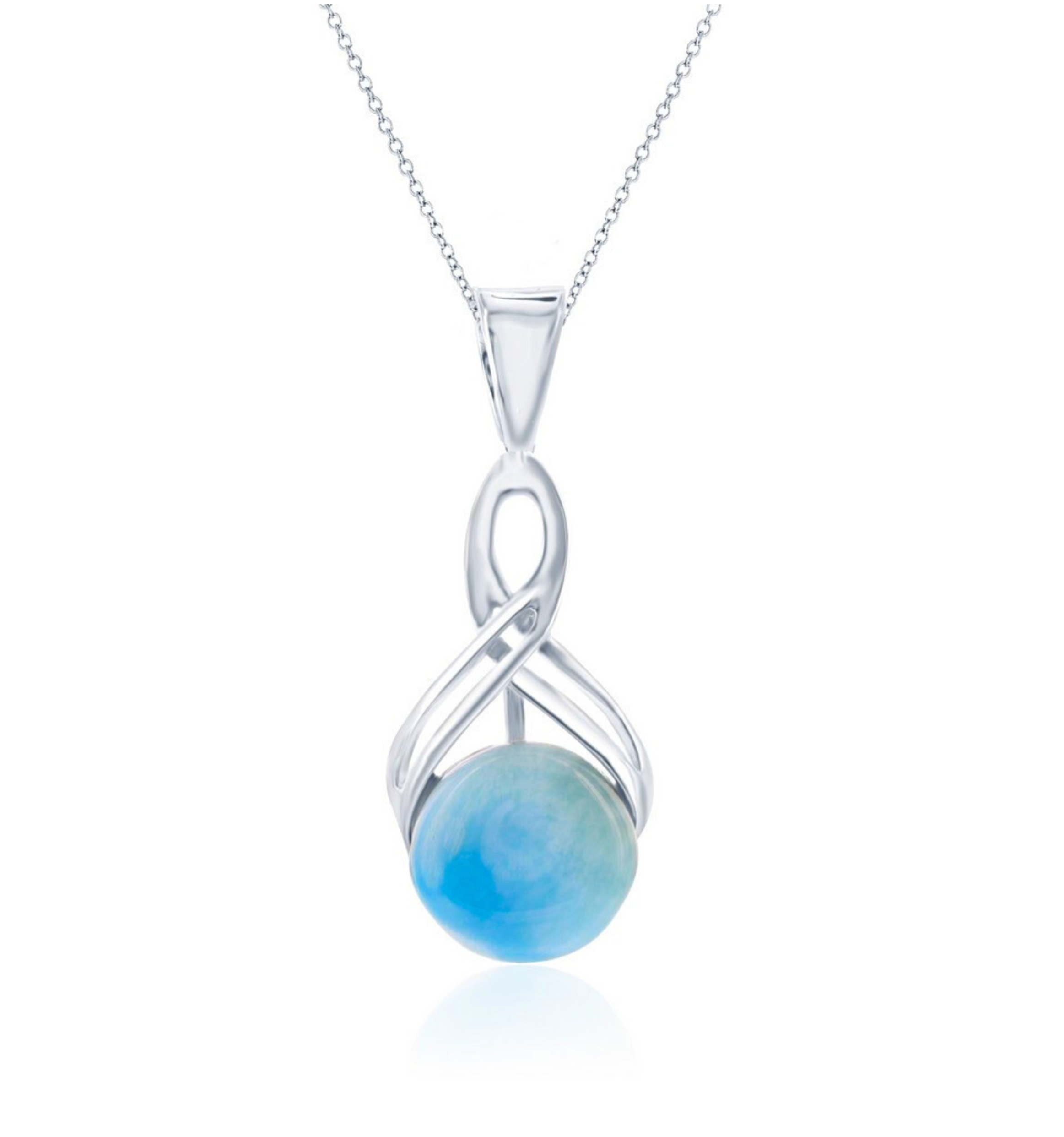 The Classic of New York Larimar Round Infinity Necklace features a smooth, round blue Larimar gemstone in an elegant twisted sterling silver setting, shown against a white background.