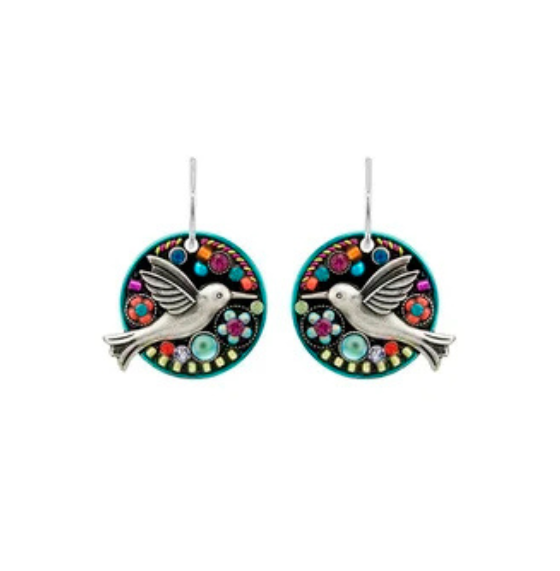 Vivid and unique, the Hummingbird Round Multi-Color Earrings by Firefly feature a silver bird motif at the center, encircled by multicolored beads and sparkling gem accents on a black backdrop—reflecting Firefly’s vibrant style and exceptional handmade artistry from Guatemala.
