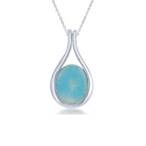 The Classic of New York Larimar Oval in Silver Teardrop Surround Necklace features a translucent blue oval gemstone in a simple sterling silver teardrop pendant on a delicate chain.