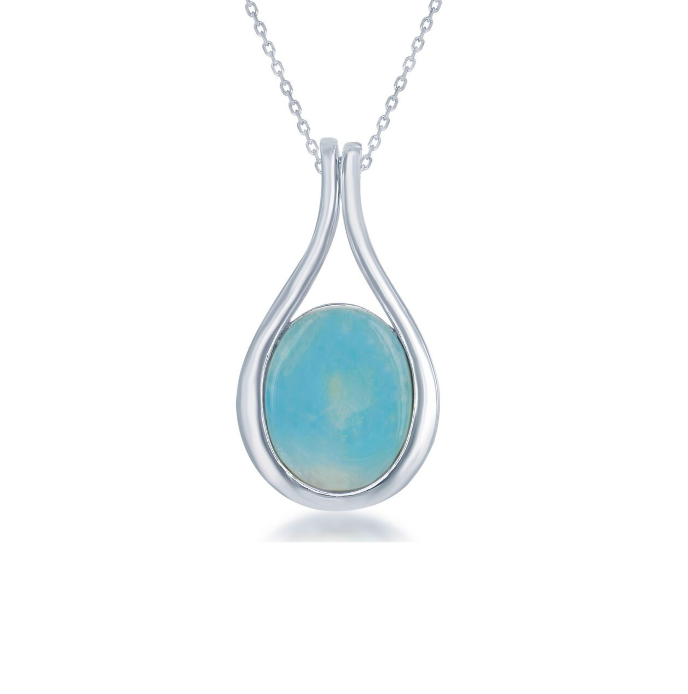 The Classic of New York Larimar Oval in Silver Teardrop Surround Necklace features a translucent blue oval gemstone in a simple sterling silver teardrop pendant on a delicate chain.