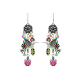 Dangle multi-color hummingbird earrings on a white background