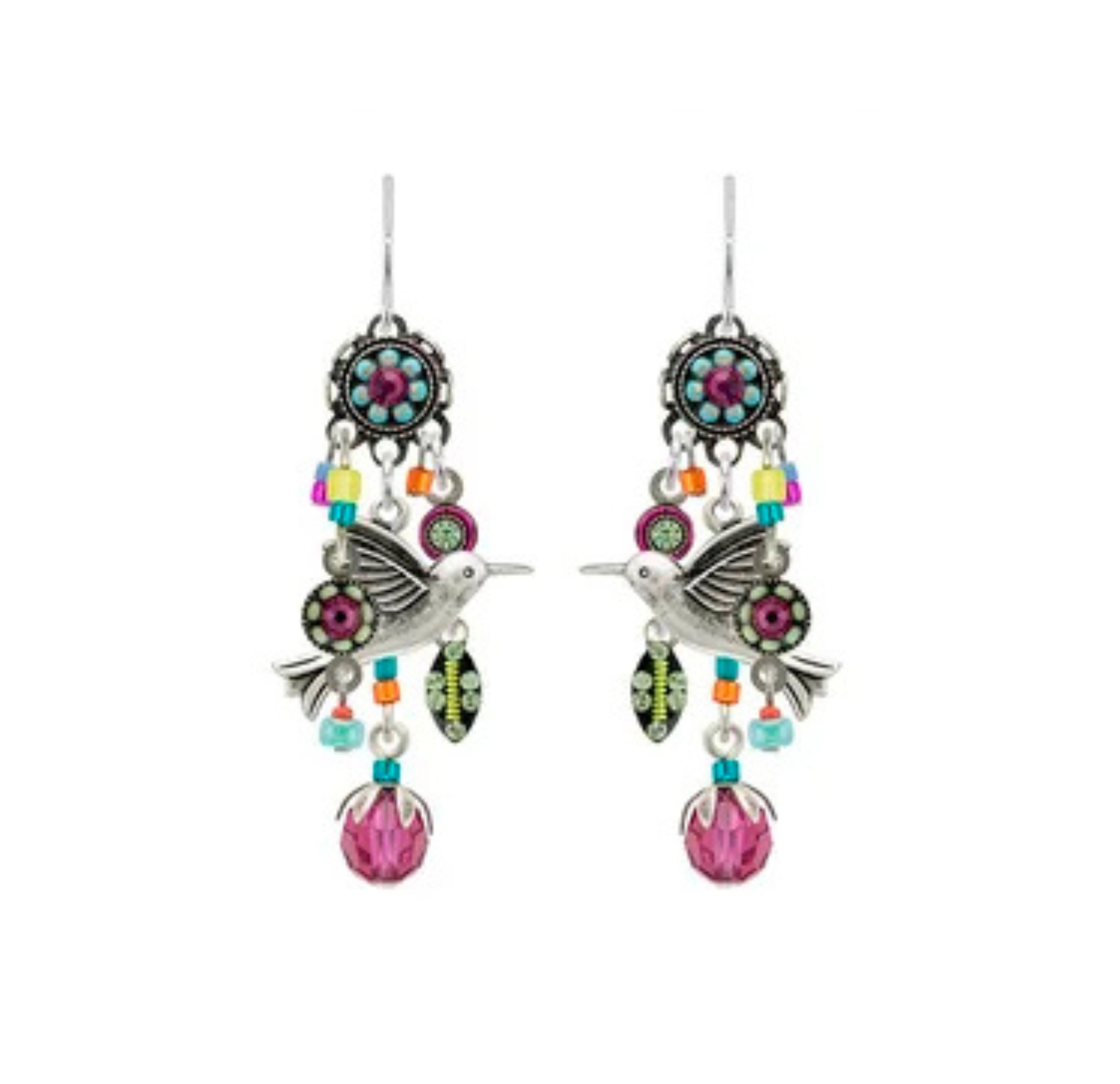 Dangle multi-color hummingbird earrings on a white background