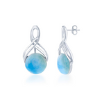 Classic of New York Larimar Round/Half Infinity Design Post Earrings feature a twisted sterling silver design with a round Caribbean blue gemstone, shown on a white background.