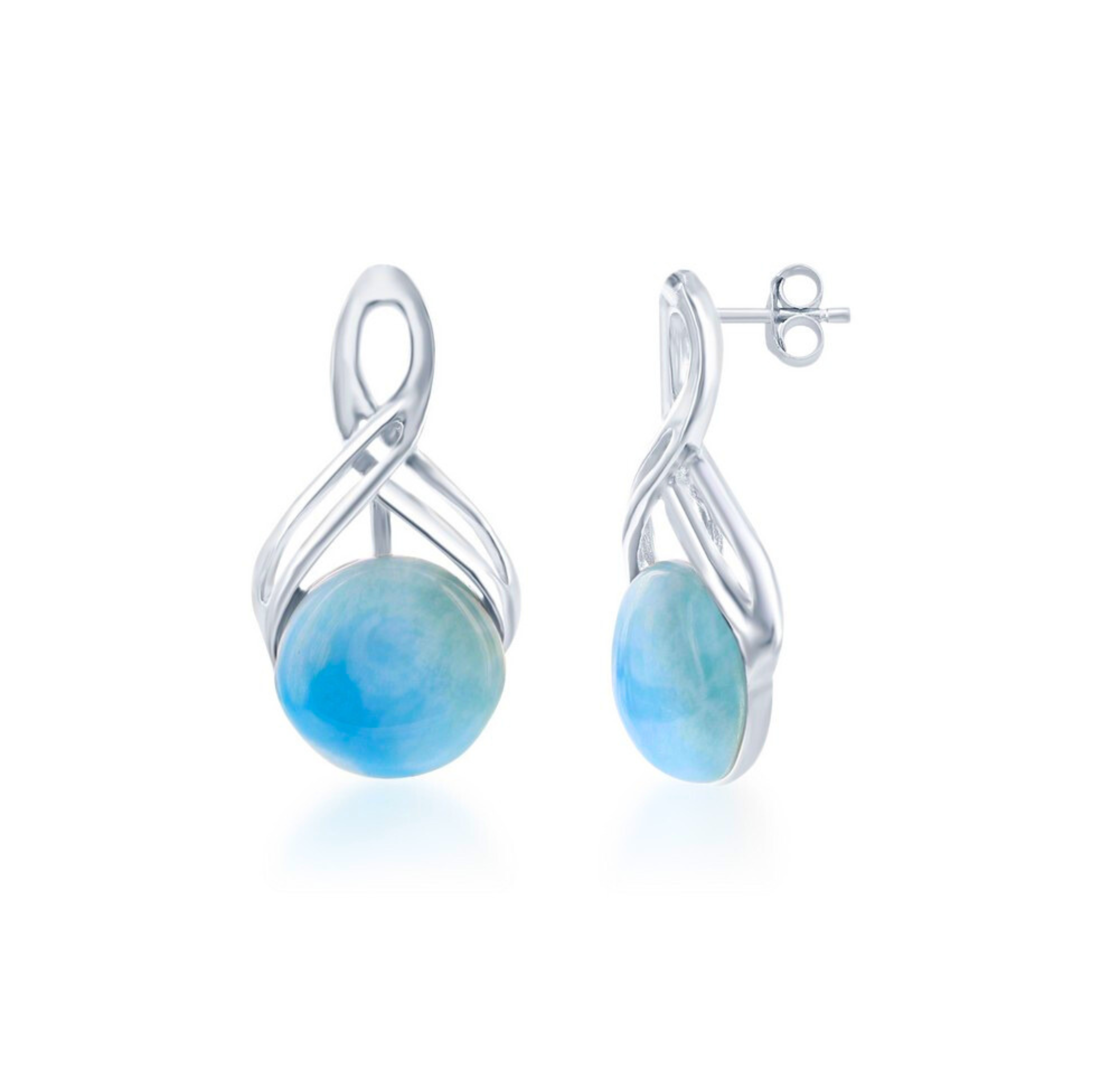 Classic of New York Larimar Round/Half Infinity Design Post Earrings feature a twisted sterling silver design with a round Caribbean blue gemstone, shown on a white background.