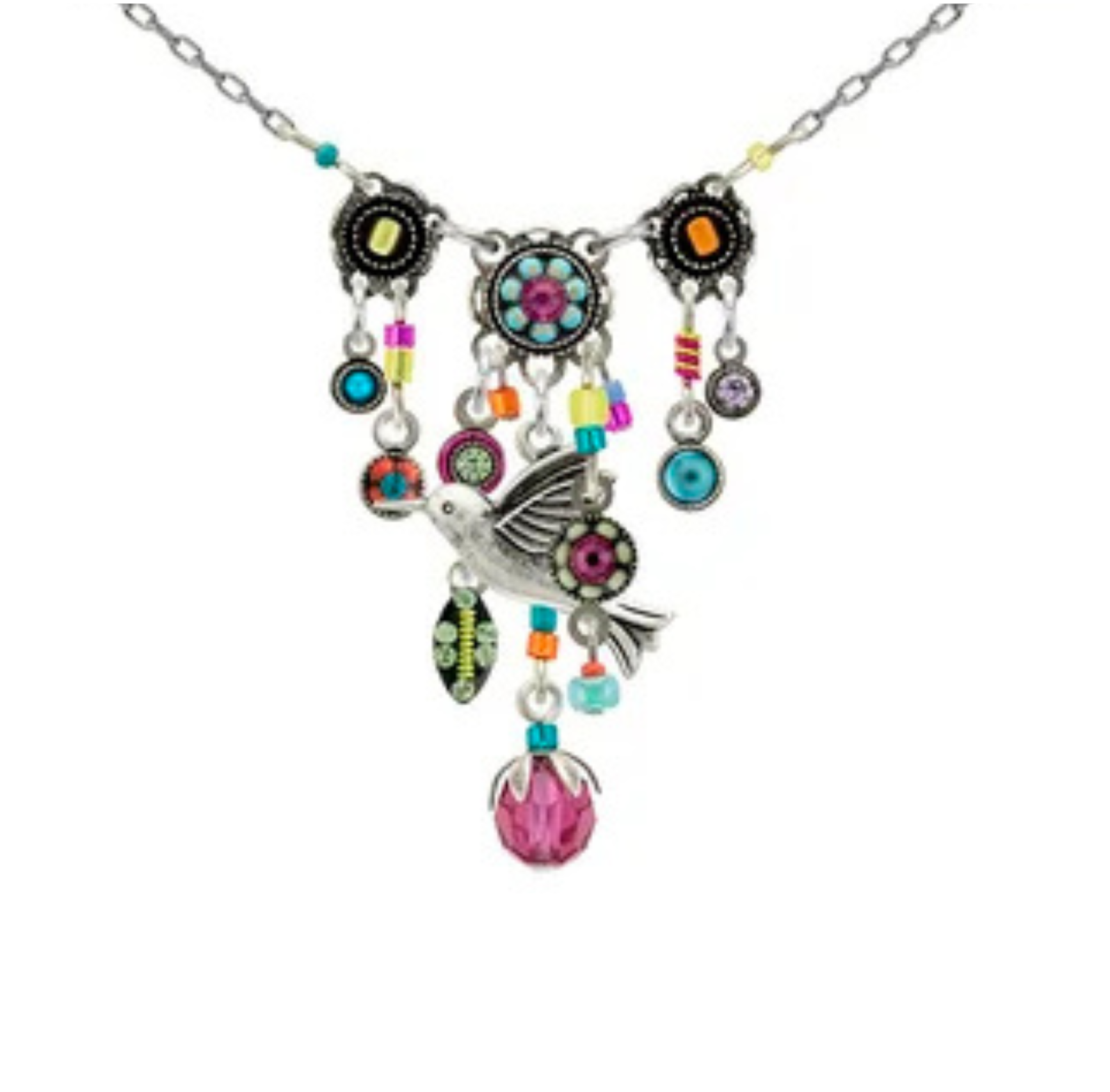 Adorned with a bird pendant, vibrant beads, circular charms, and a prominent pink gemstone at its center, the Hummingbird Waterfall Multi-Color Necklace by Firefly is a breathtaking example of handmade jewelry. This piece highlights the artistry of fair-trade craftsmanship, making it both beautiful and ethically created.