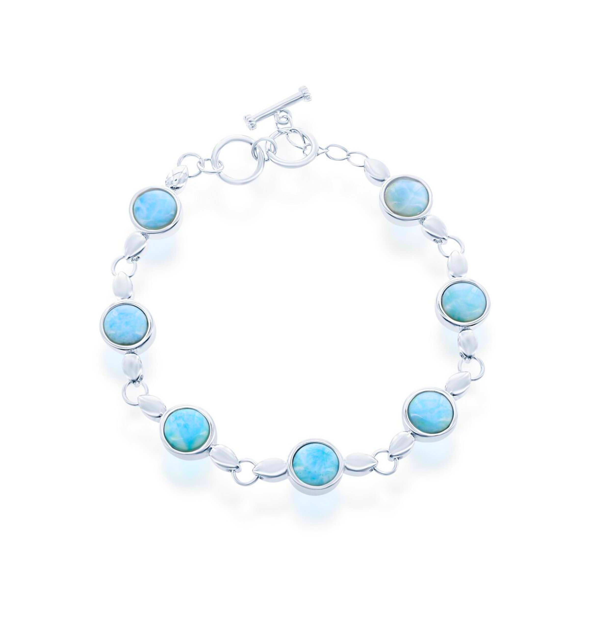 The Classic of New York Larimar Round Bezel Set Links Toggle Bracelet features seven round blue larimar stones set in sterling silver along a delicate chain with a toggle clasp, shown on a white background.