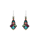 Introducing the Moonlight Diamond Shape Mix Earrings by Firefly Jewelry—a stunning pair of handmade earrings featuring geometric diamond shapes adorned with multicolored gemstones in blue, green, yellow, pink, and red. Set in a black metal frame and finished with elegant silver hooks, these striking dangling earrings from Firefly add a vibrant touch to any ensemble.