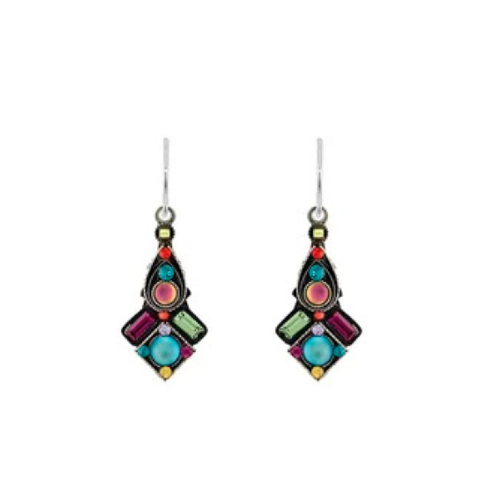 Introducing the Moonlight Diamond Shape Mix Earrings by Firefly Jewelry—a stunning pair of handmade earrings featuring geometric diamond shapes adorned with multicolored gemstones in blue, green, yellow, pink, and red. Set in a black metal frame and finished with elegant silver hooks, these striking dangling earrings from Firefly add a vibrant touch to any ensemble.