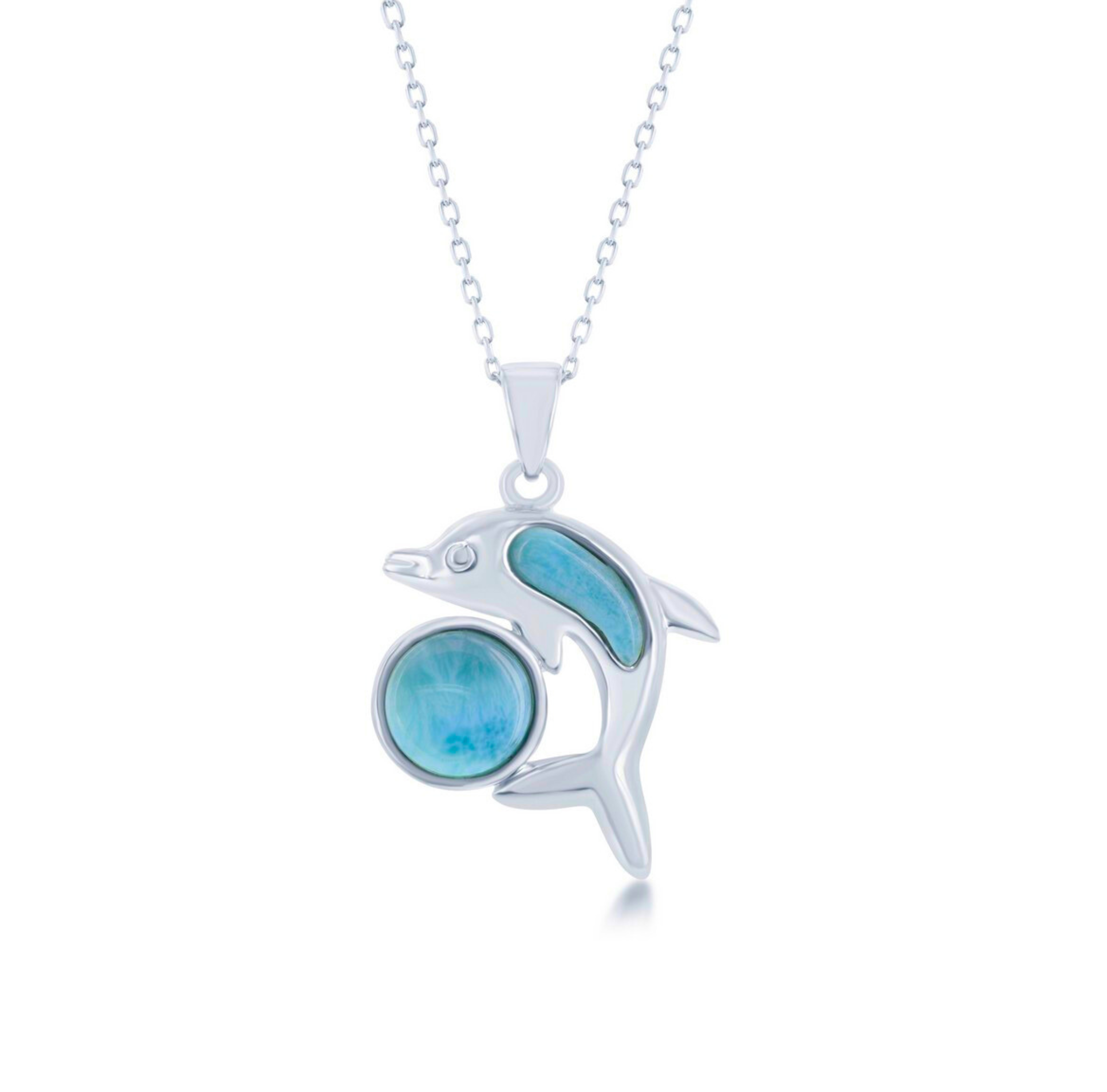 The Classic of New York Larimar Bezel Set Round and Dolphin Necklace features a sterling silver dolphin pendant with Larimar gemstone accents on a delicate chain—a perfect accessory for ocean lovers.