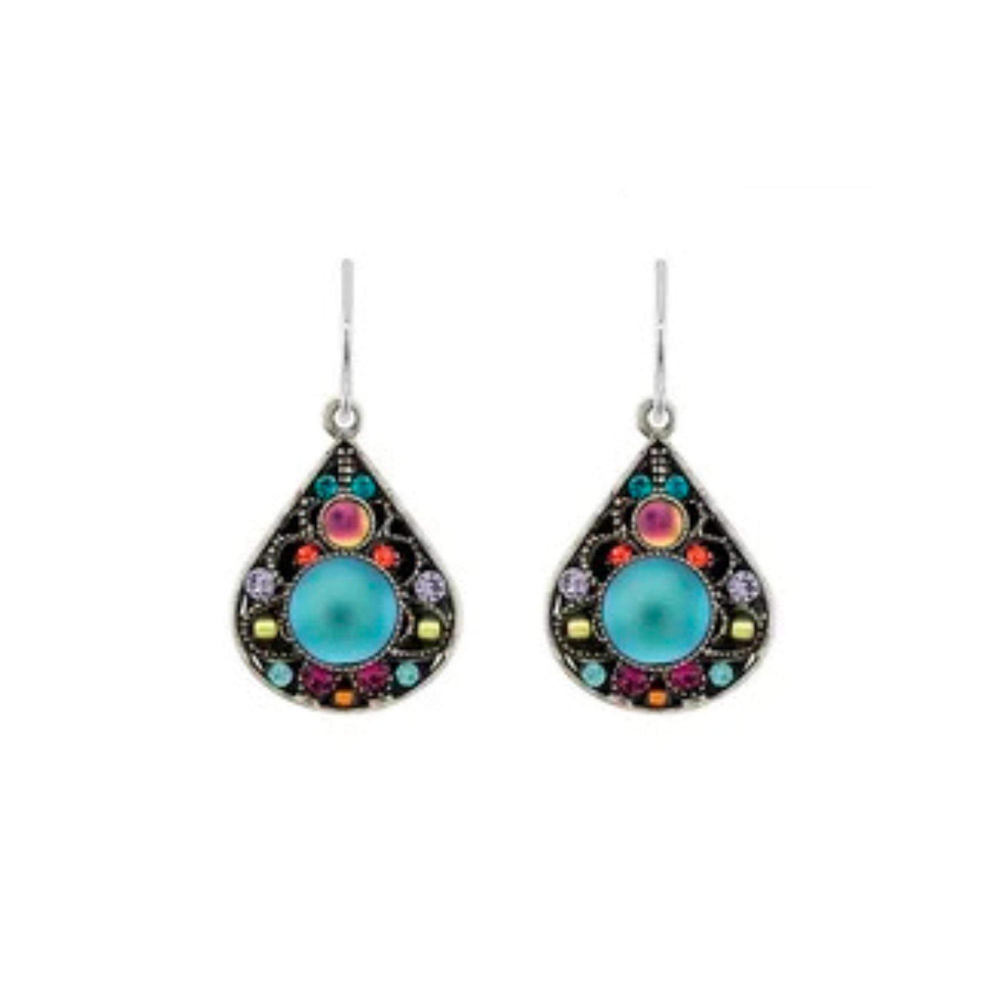 Firefly’s Moonlight Large Filigree Mix Earrings feature a striking teardrop design with a large turquoise center stone, accented by small gems in blue, pink, orange, yellow, and purple. Expertly handcrafted as part of the Firefly Jewelry collection, each fair-trade artisan earring is beautifully set in a dark metal frame for an elegant finish.