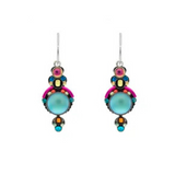 The Moonlight Beach Glass Mix Earrings from Firefly Jewelry are colorful dangle earrings featuring turquoise center stones and vibrant pink, orange, blue, and black accents. Handmade and fair-trade, these Firefly earrings shine beautifully on a white background.