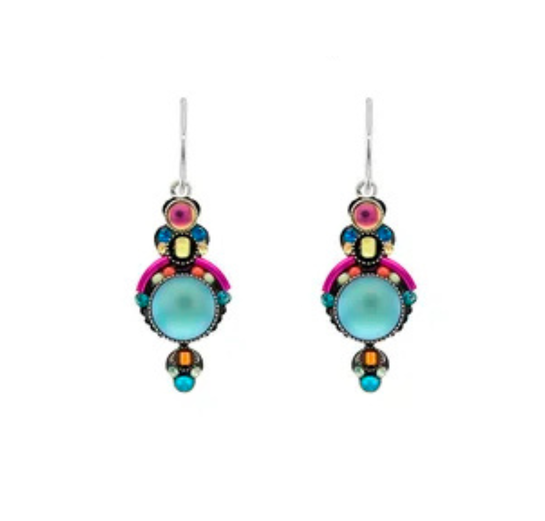 The Moonlight Beach Glass Mix Earrings from Firefly Jewelry are colorful dangle earrings featuring turquoise center stones and vibrant pink, orange, blue, and black accents. Handmade and fair-trade, these Firefly earrings shine beautifully on a white background.