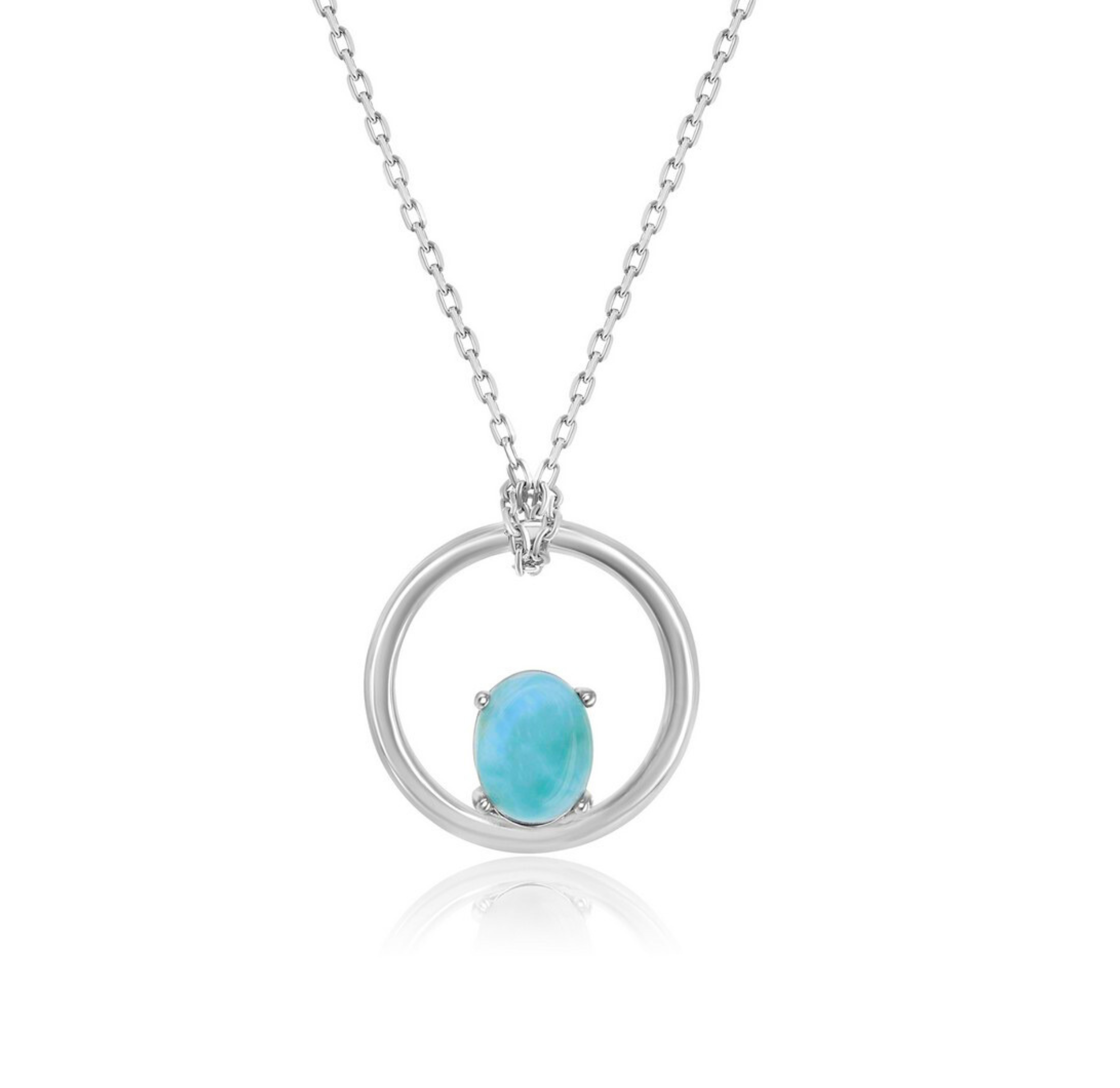 The Classic of New York Larimar Oval Prong Inset Circle Necklace features a circular pendant with a light blue Larimar gemstone in the center, suspended from a delicate chain, rhodium plated and displayed on a white background.