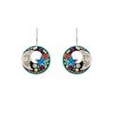 Introducing the Luna w/Star Hoop Dangle Earrings by Firefly Jewelry—colorful, fair-trade earrings handcrafted in Guatemala. These whimsical hoops by Firefly feature crescent moons, blue stars, and small circular designs set within round frames, all finished with silver hooks for easy wear.