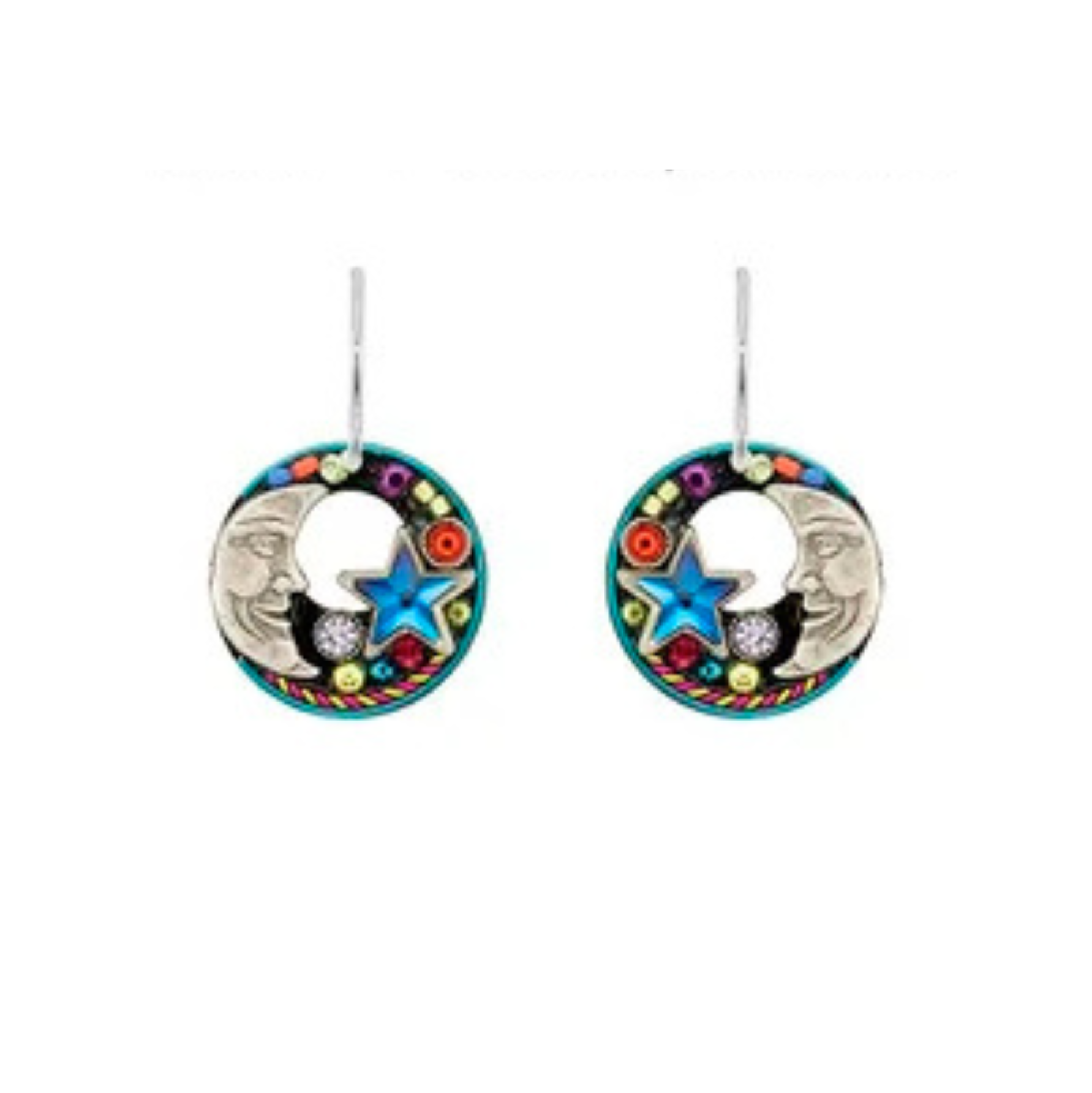 Introducing the Luna w/Star Hoop Dangle Earrings by Firefly Jewelry—colorful, fair-trade earrings handcrafted in Guatemala. These whimsical hoops by Firefly feature crescent moons, blue stars, and small circular designs set within round frames, all finished with silver hooks for easy wear.