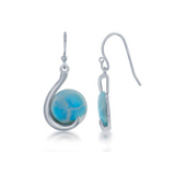 The Larimar Round on a Hook Dangle Earrings by Classic of New York feature round Caribbean blue gemstones set in curved sterling silver, displayed against a white background.