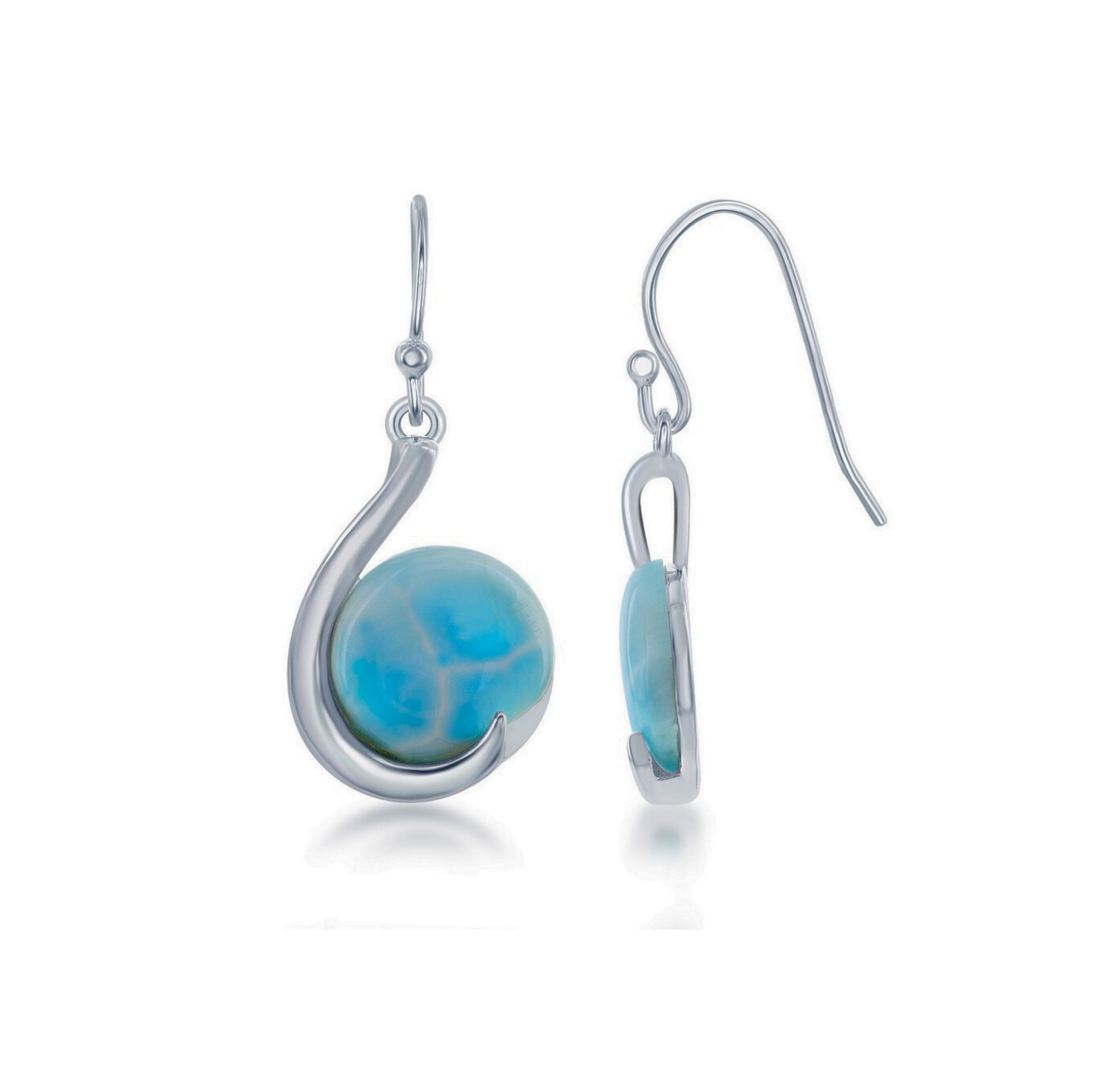 The Larimar Round on a Hook Dangle Earrings by Classic of New York feature round Caribbean blue gemstones set in curved sterling silver, displayed against a white background.