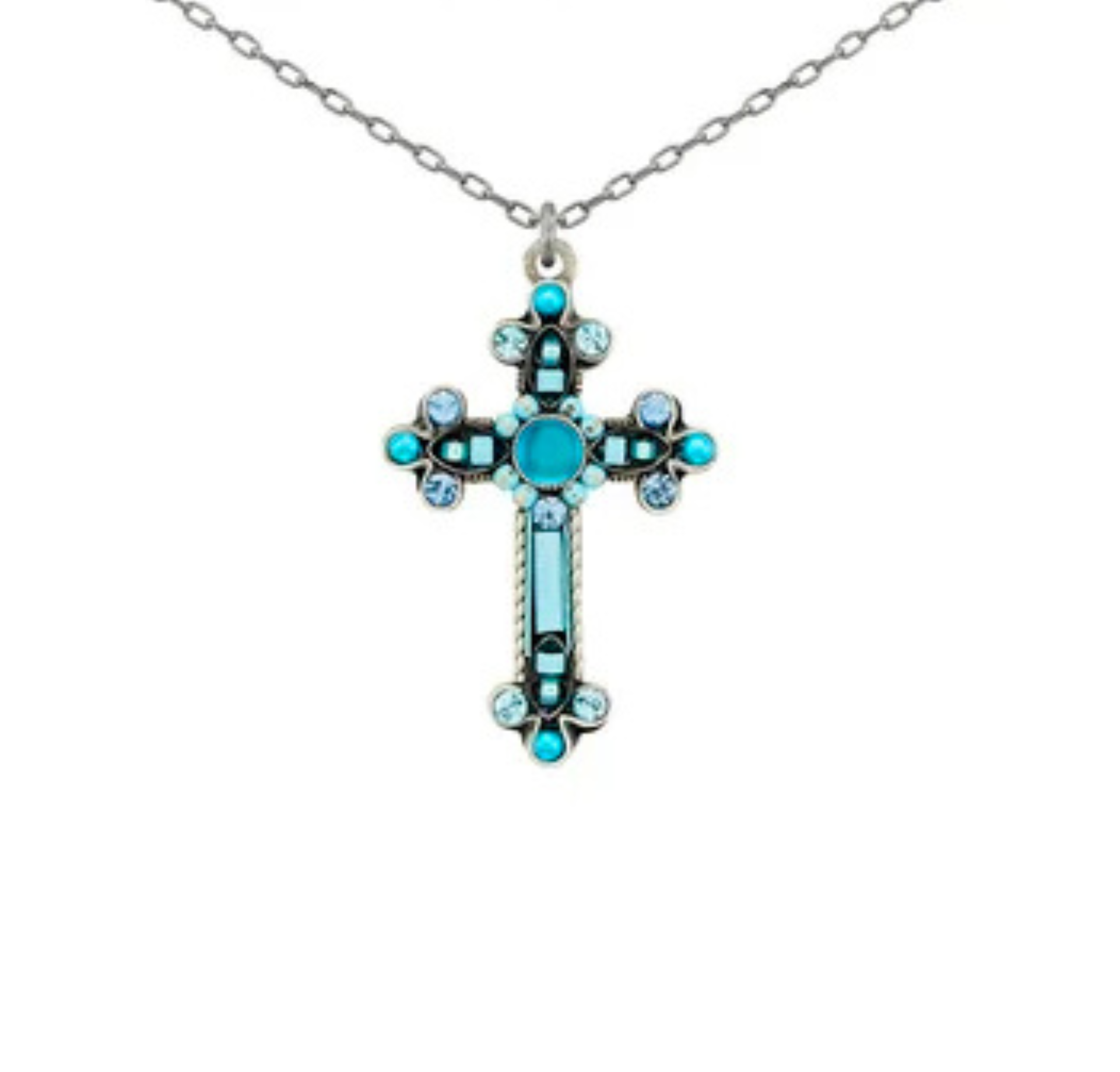 The Moonlight Large Fancy Cross Necklace by Firefly features a striking silver cross pendant adorned with turquoise and clear gemstones, suspended from a delicate chain.