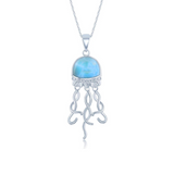 The Classic of New York Larimar Jellyfish Necklace (w/Chain) features a round blue gemstone body and graceful silver tendrils, offering ocean-inspired elegance on a white background.