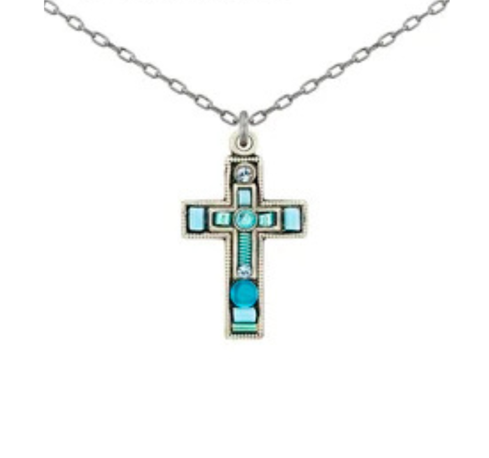 Introducing the Moonlight Petite Cross Light Blue Necklace by Firefly. This elegant silver chain necklace features a cross pendant adorned with turquoise and blue stones in a variety of shapes and sizes. Reflecting the intricate craftsmanship of handmade jewelry, this Firefly piece is a distinctive and refined addition to any collection.