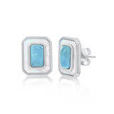 Larimar and MOP Rectangle Post Earrings by Classic of New York showcase a Caribbean blue Larimar stone framed by iridescent mother-of-pearl, set in sterling silver and displayed on a white background.