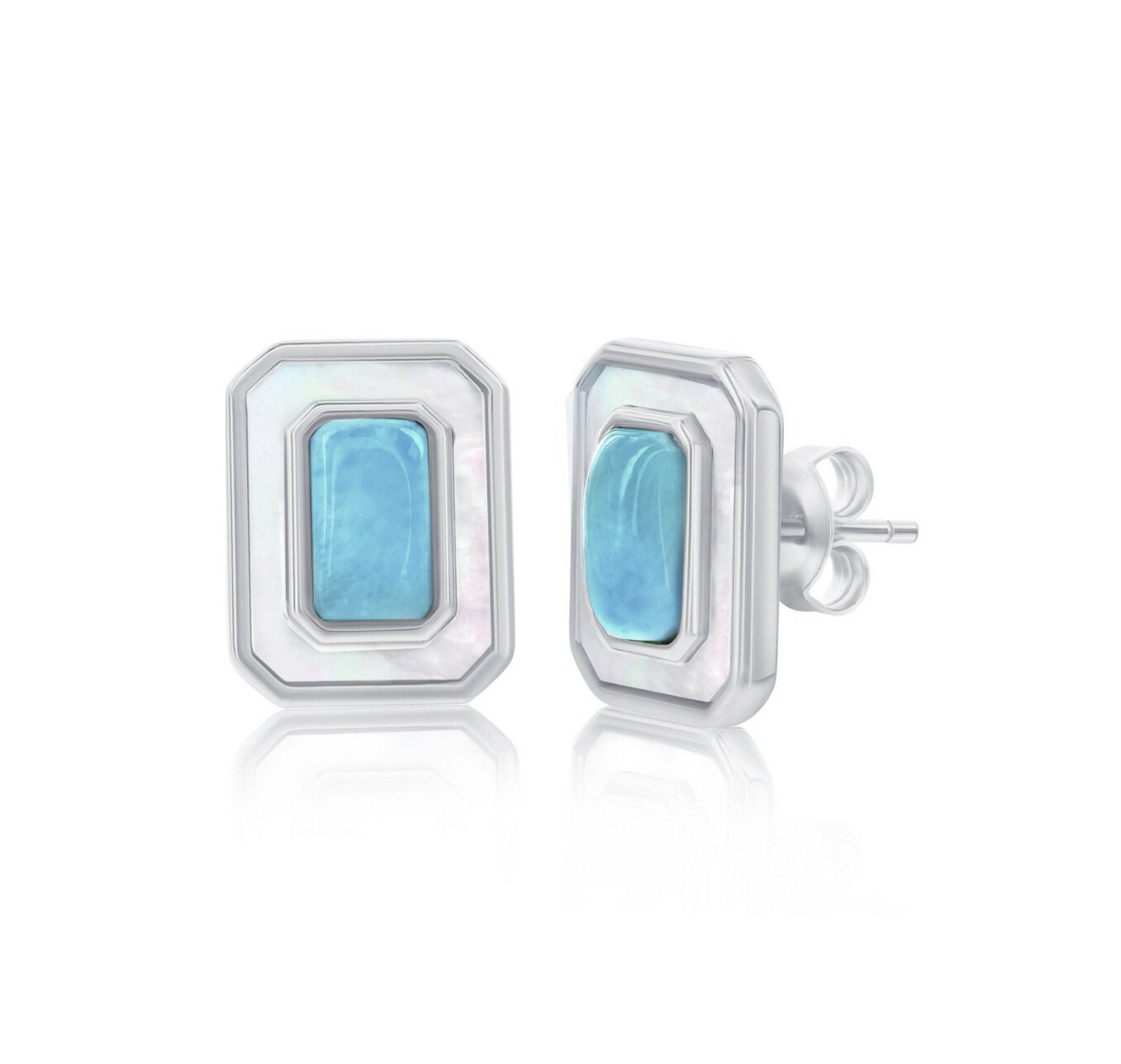 Larimar and MOP Rectangle Post Earrings by Classic of New York showcase a Caribbean blue Larimar stone framed by iridescent mother-of-pearl, set in sterling silver and displayed on a white background.