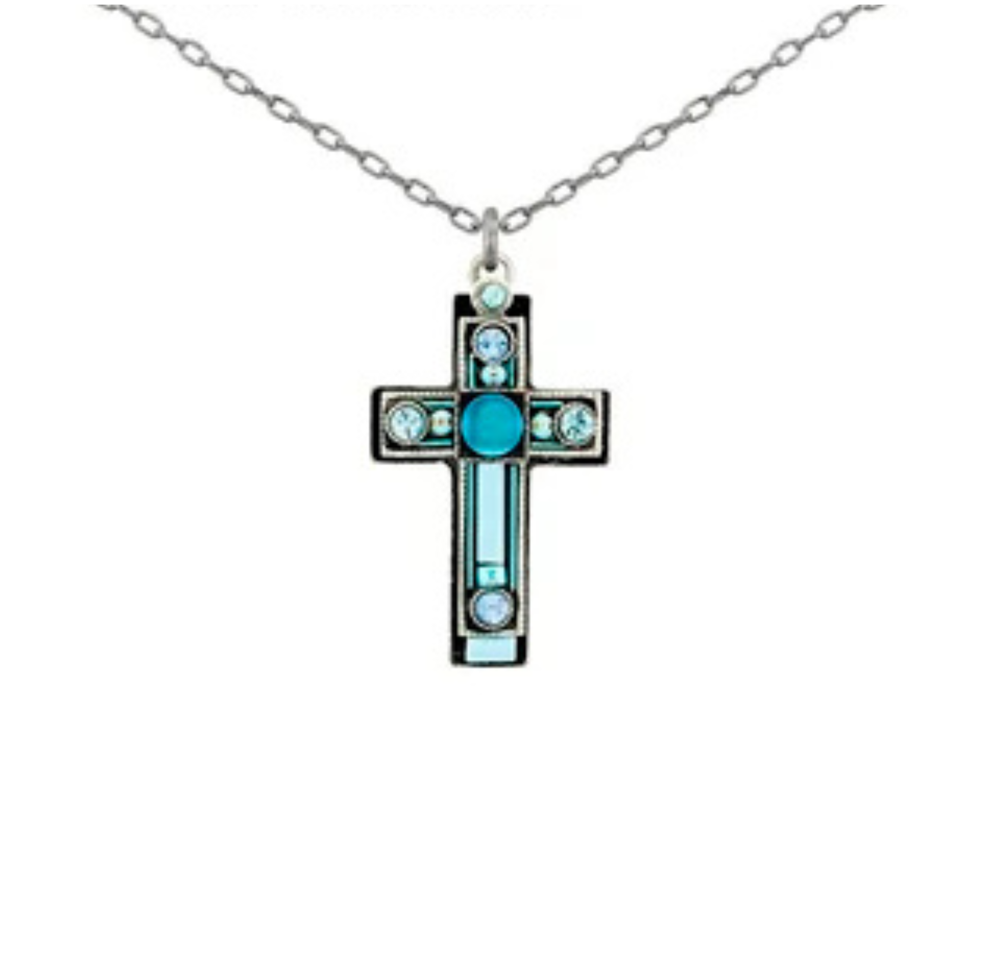 The Moonlight Medium Cross Light Blue Necklace by Firefly features a silver chain with a cross pendant adorned with turquoise and clear gemstones in a geometric pattern, highlighting the exquisite handmade craftsmanship of Firefly Jewelry.