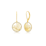 Classic of New York Gold plated Round CZ Outline w/Leaf Cut Out Center Dangle Earrings in sterling silver feature lever-back hooks and a palm leaf-inspired circular design that shimmer beautifully.