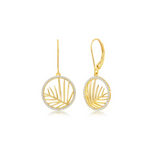 Classic of New York Gold plated Round CZ Outline w/Leaf Cut Out Center Dangle Earrings in sterling silver feature lever-back hooks and a palm leaf-inspired circular design that shimmer beautifully.