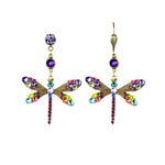 The Large Stone Dragonfly Multi Color Earrings by Anne Koplik Designs, Inc. feature gold detailing, purple gem studs, and colorful crystals—purple, green, yellow, red, and blue—adding whimsical charm to any look.