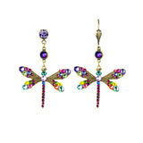 The Large Stone Dragonfly Multi Color Earrings by Anne Koplik Designs, Inc. feature gold detailing, purple gem studs, and colorful crystals—purple, green, yellow, red, and blue—adding whimsical charm to any look.