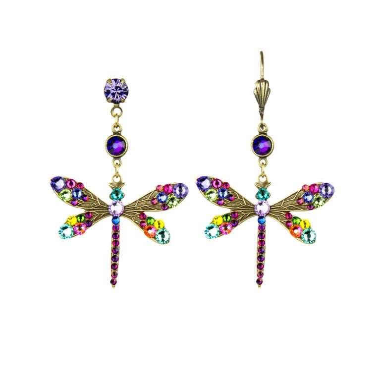 The Large Stone Dragonfly Multi Color Earrings by Anne Koplik Designs, Inc. feature gold detailing, purple gem studs, and colorful crystals—purple, green, yellow, red, and blue—adding whimsical charm to any look.