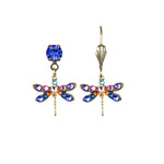 Anne Koplik Designs’ Mini Stone Dragonfly Earrings feature a blue-studded stud and a crystal dangle with hook, decorated with blue, pink, and orange gems—an ideal unique handmade jewelry choice.