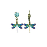 Mini Rainbow Dragonfly Earrings by Anne Koplik Designs, Inc. feature blue crystal studs and hand-enameled charms with blue and purple wings, set on antique gold lever-back hooks.