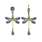 The Small Rainbow Dragonfly/Drop Earrings by Anne Koplik Designs, Inc. feature gold-toned bodies, multicolored enameled wings, blue gem centers, and purple gem accents—a sparkling crystal dangle for any occasion.