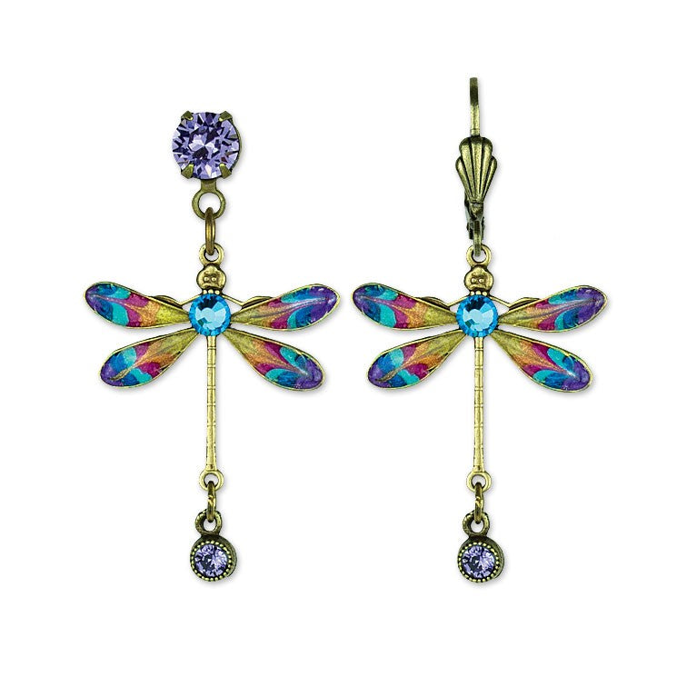The Small Rainbow Dragonfly/Drop Earrings by Anne Koplik Designs, Inc. feature gold-toned bodies, multicolored enameled wings, blue gem centers, and purple gem accents—a sparkling crystal dangle for any occasion.