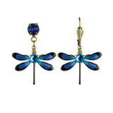 The Medium Enamel/Stone Dragonfly Earrings by Anne Koplik Designs, Inc. feature hand-enameled blue and black wings, sparkling gemstone bodies, gold hooks, and a round blue gem above each dragonfly for added brilliance.