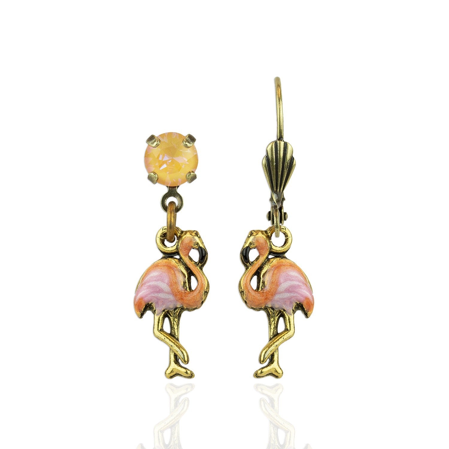 The Small Enamel Flamingo Drop Earrings by Anne Koplik Designs, Inc. feature pink flamingo charms with yellow gemstones above, hanging from gold hooks for a tropical look.