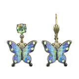 The Multi Color Enamel/Stone Butterfly Earrings by Anne Koplik Designs, Inc. feature hand-enameled blue and purple butterflies with green stones, dangling from round iridescent studs and gold leverback hooks.