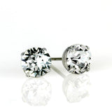 Anne Koplik Designs, Inc. Simple Post Crystal Earrings feature round, faceted crystals in a four-prong white metal setting—an elegant choice for bridesmaid jewelry, shown on a white reflective surface.